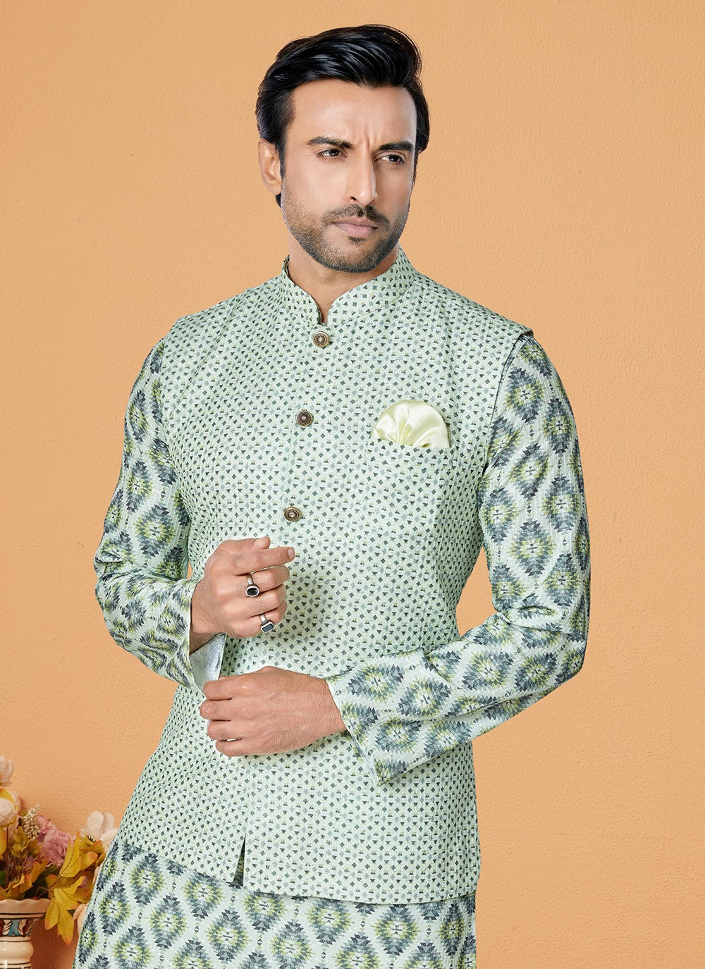Embroidered Polyester Green, Multi Colour Kurta Payjama With Jacket - M5553
