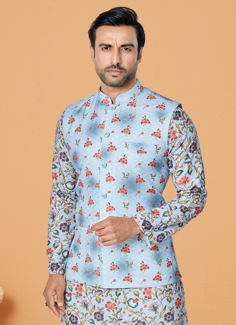 Embroidered Polyester Multi Colour Kurta Payjama With Jacket - M5552