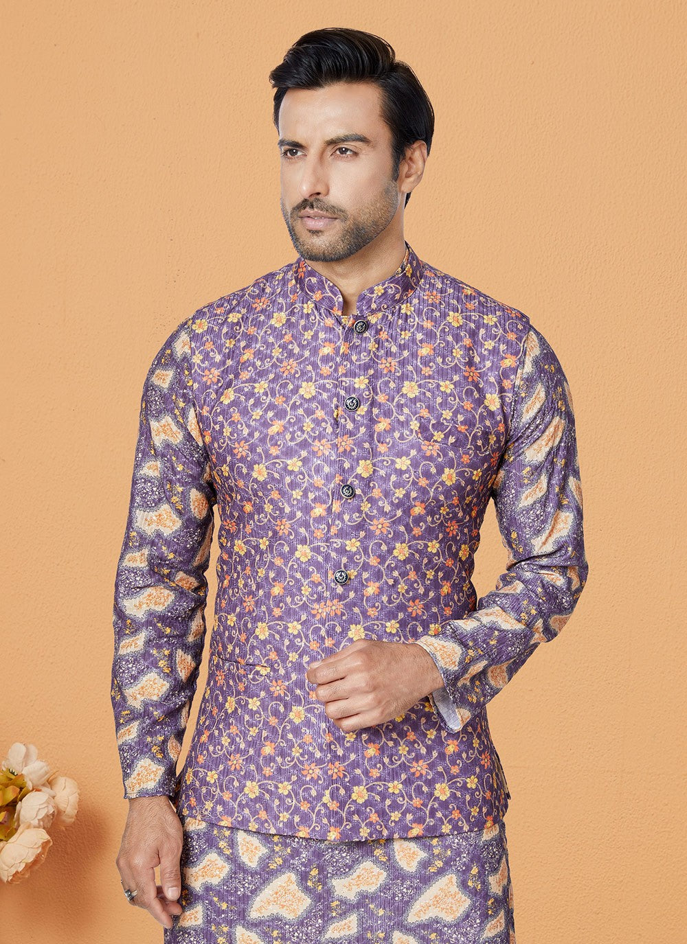 Embroidered Polyester Purple Kurta Payjama With Jacket - M5556
