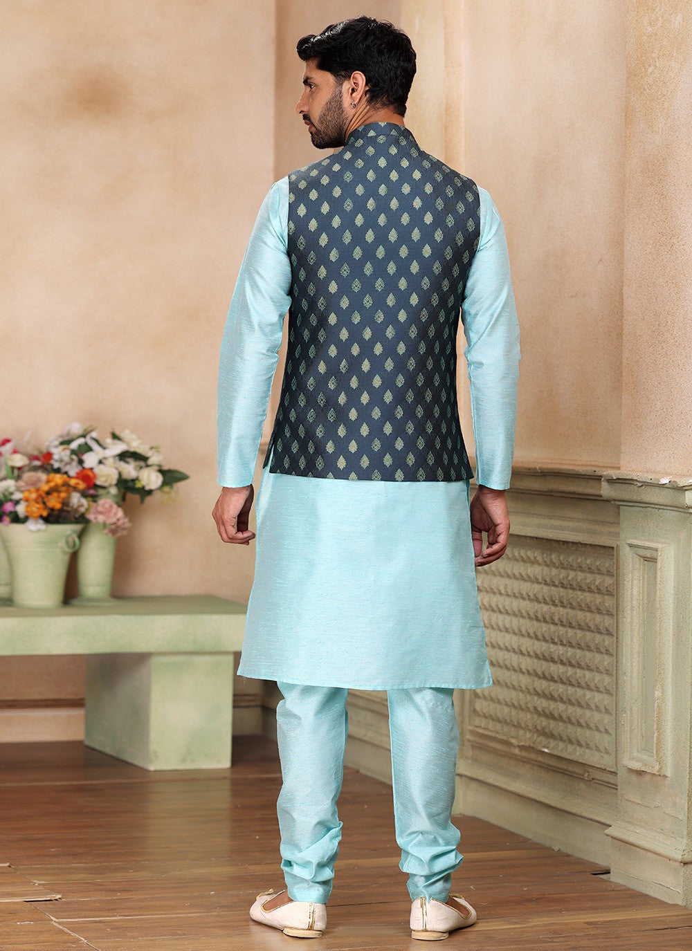 Fancy Work Banarasi Silk, Jacquard Grey, Turquoise Kurta Payjama With Jacket - M5371
