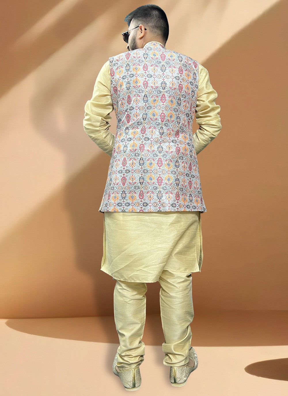 Fancy Work Silk Gold, Grey Kurta Payjama With Jacket - M5385