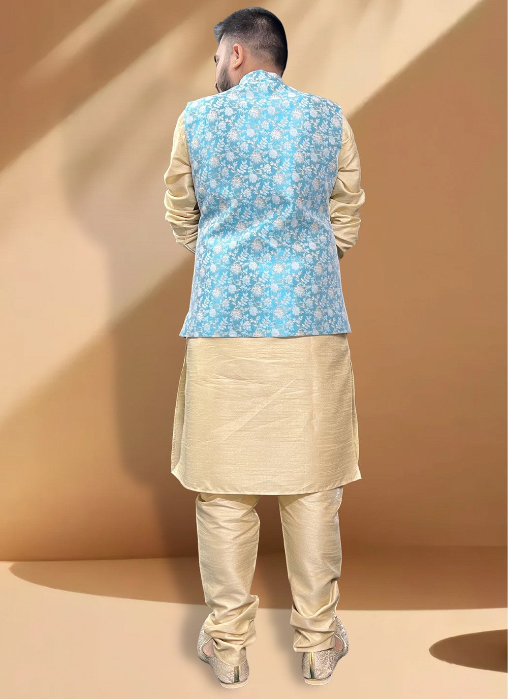 Fancy Work Jacquard, Silk Gold, Turquoise Kurta Payjama With Jacket - M5399