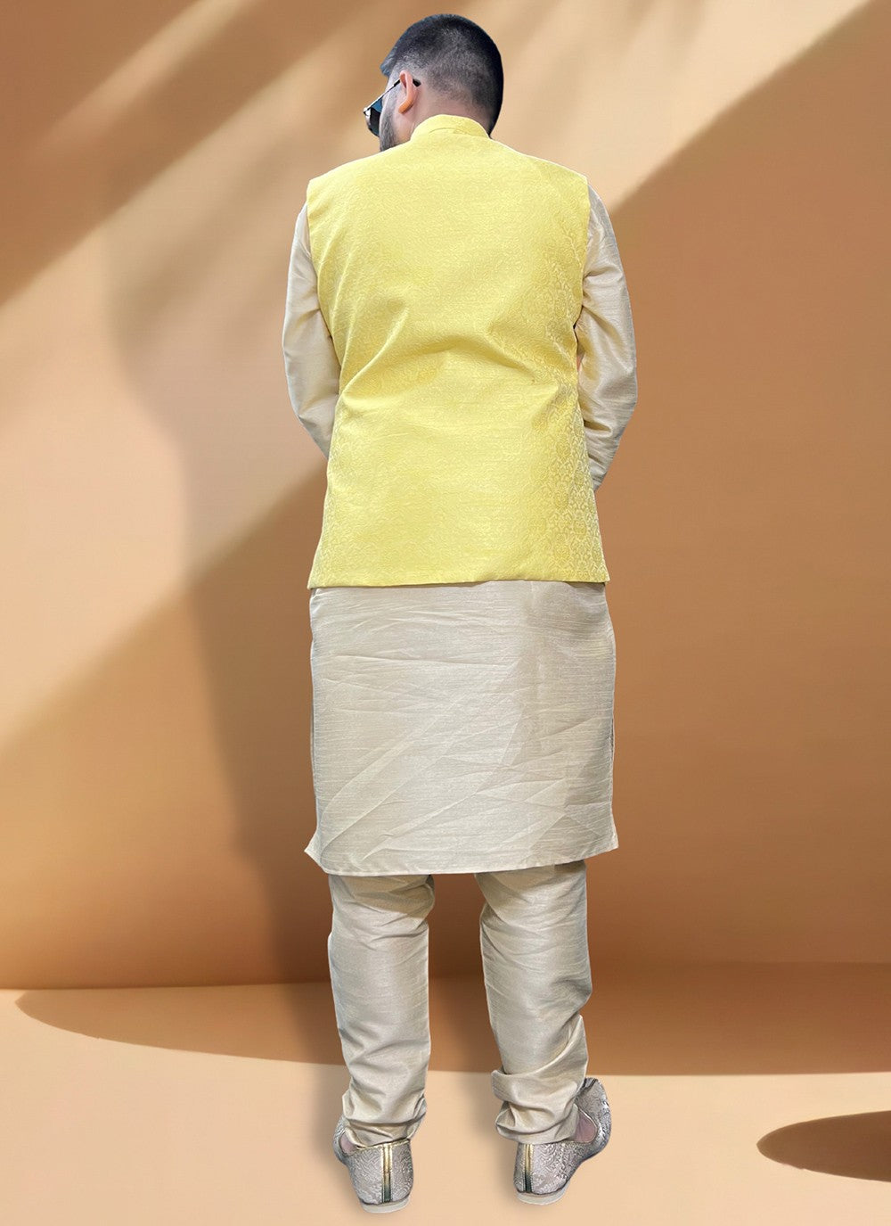 Fancy Work Jacquard, Silk Gold, Yellow Kurta Payjama With Jacket - M5391