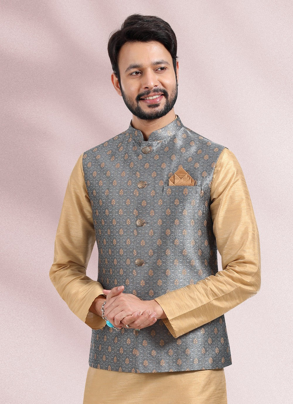 Jacquard Work Banarasi Silk, Jacquard Beige, Grey Kurta Payjama With Jacket - M4874