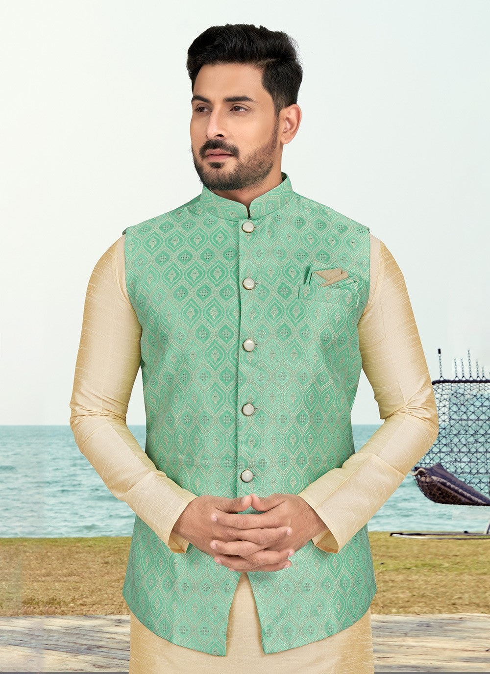 Jacquard Work Banarasi Silk, Dupion Silk Cream, Rama Kurta Payjama With Jacket - M6586