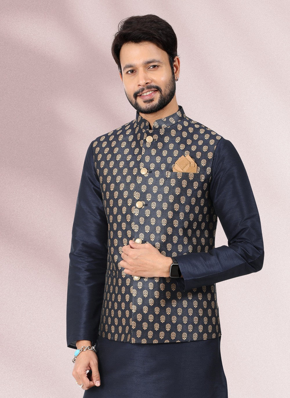 Jacquard Work Banarasi Silk, Jacquard Blue Kurta Payjama With Jacket - M4878