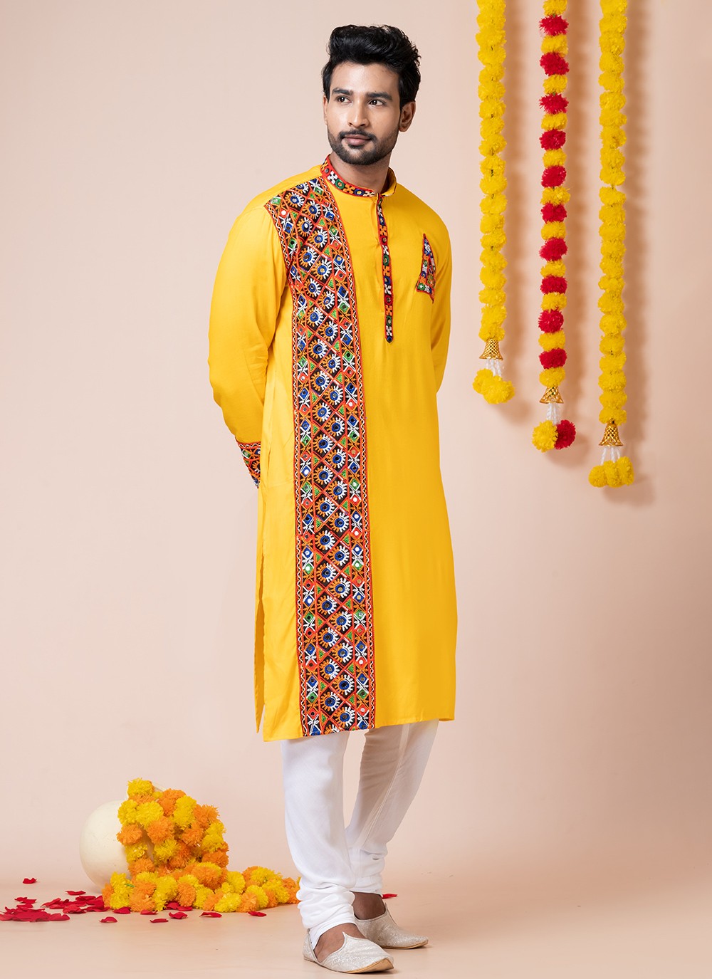 Lace Rayon Yellow Kurta Pyjama - M8305