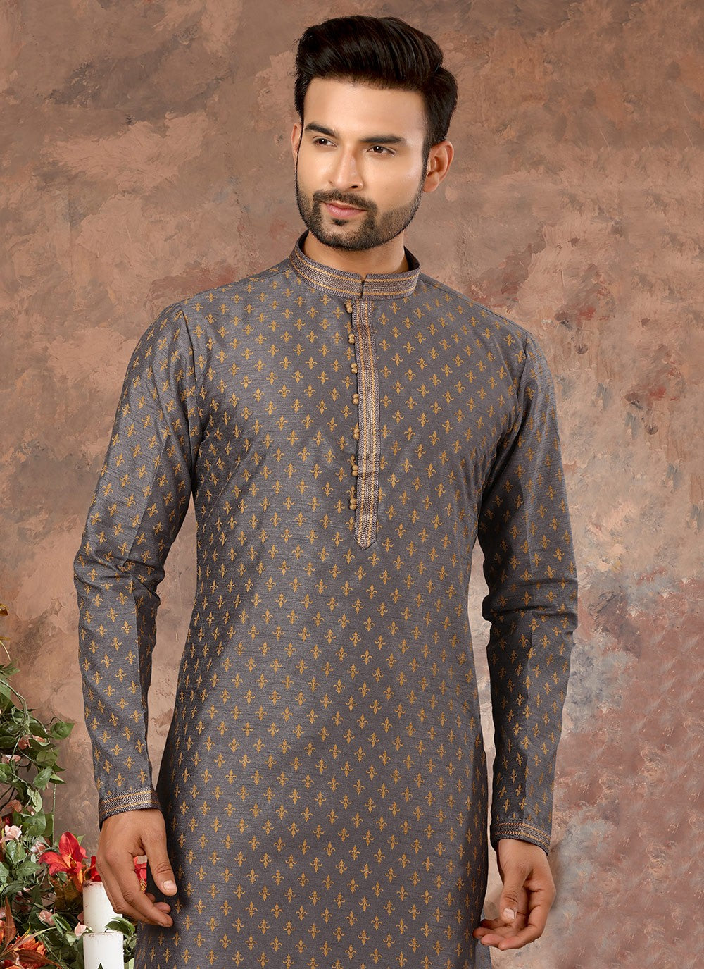 Digital Print Silk Grey Kurta - M5615