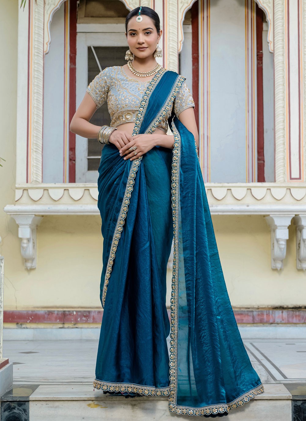Morpeach Satin Classic Saree Cut Work, Hand Embroidery, Lace S15764