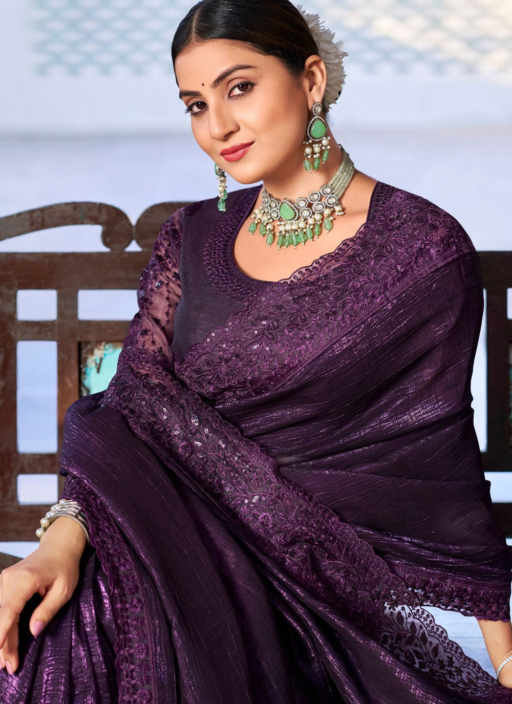 Purple Silk Trendy Saree Embroidered, Lace S20131