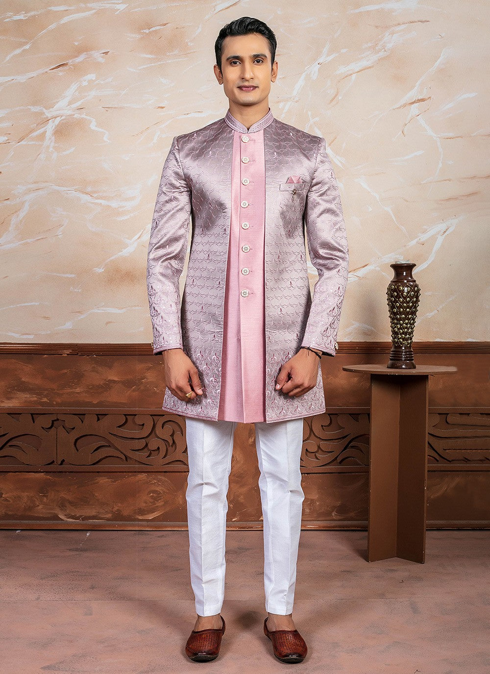 Embroidered Silk Lavender, Pink Indo Western - M8344
