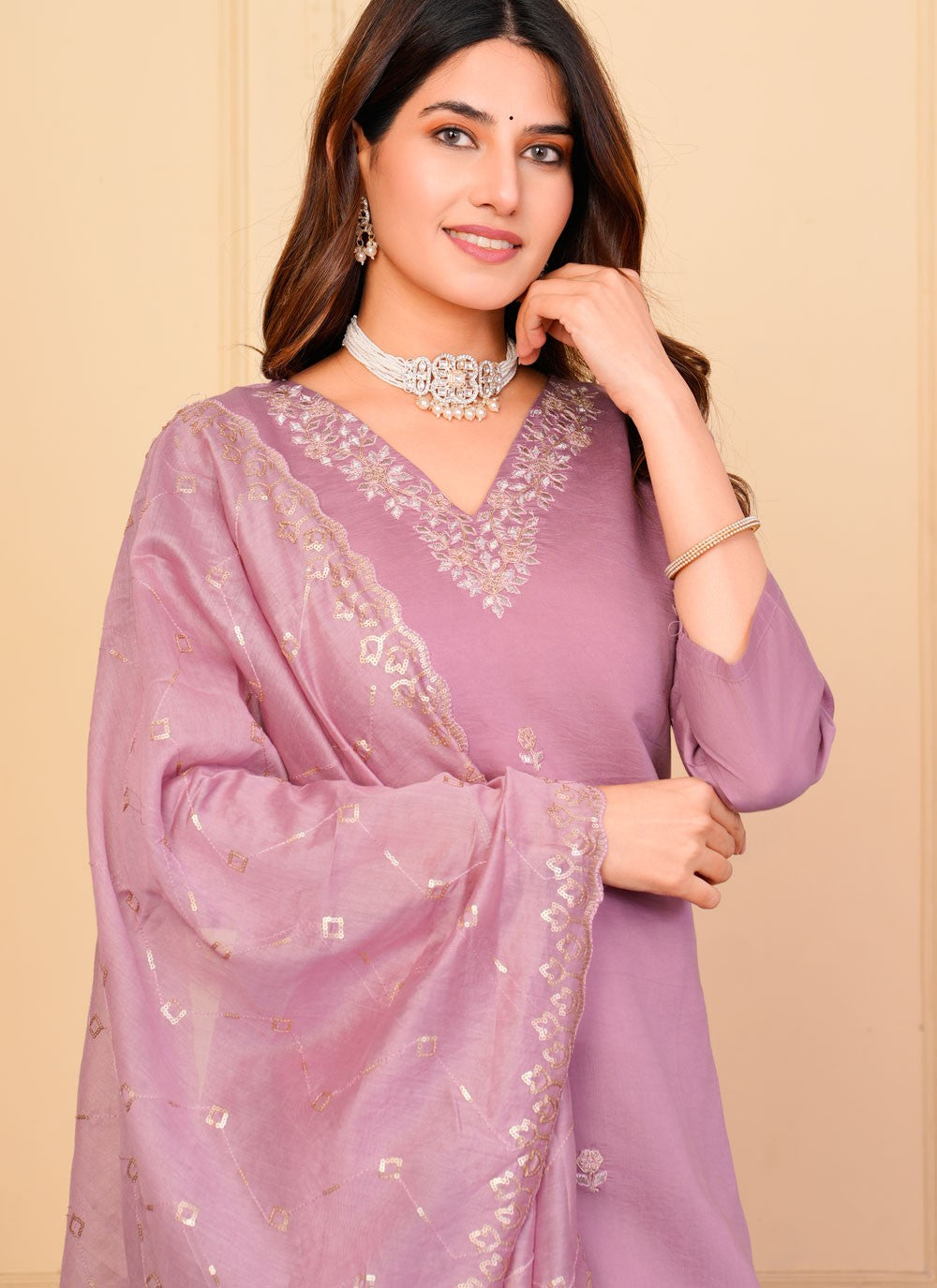Salwar Suit Embroidered Lavender, Pink Chanderi T5132