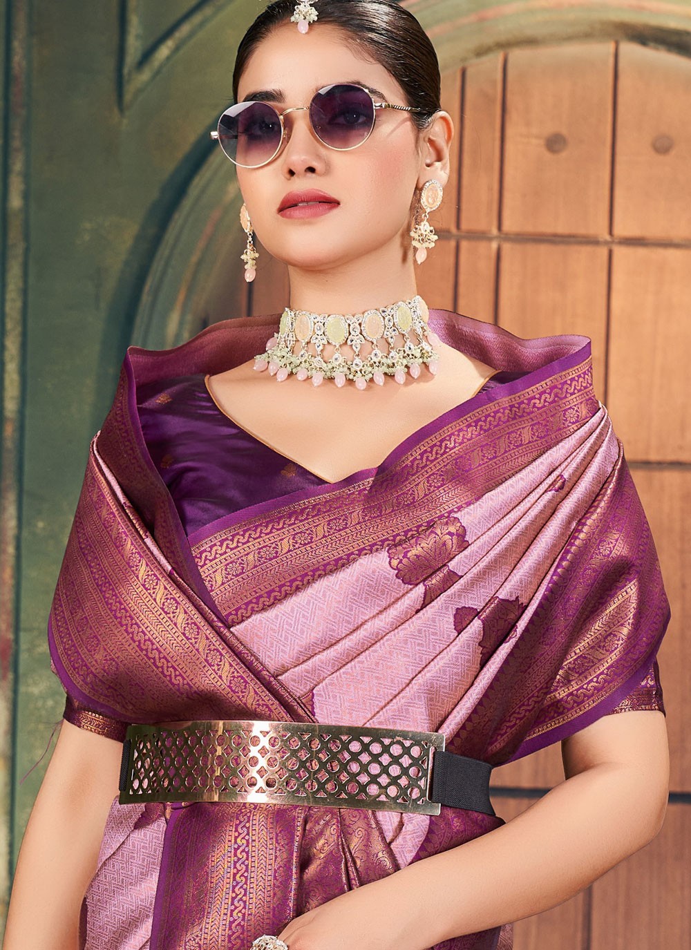 Designer Weaving Zari Lavender, Pink Silk Saree S13415