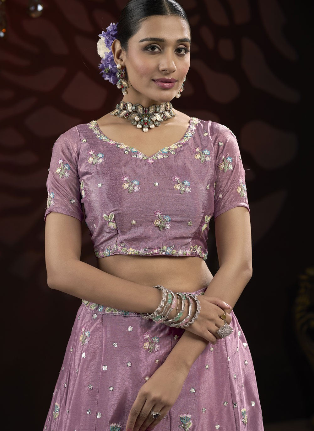 Embroidered Net Lavender, Purple Lehenga - L3215