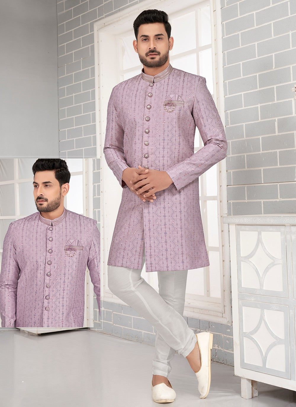 Embroidered Art Silk Lavender Indo Western - M6456