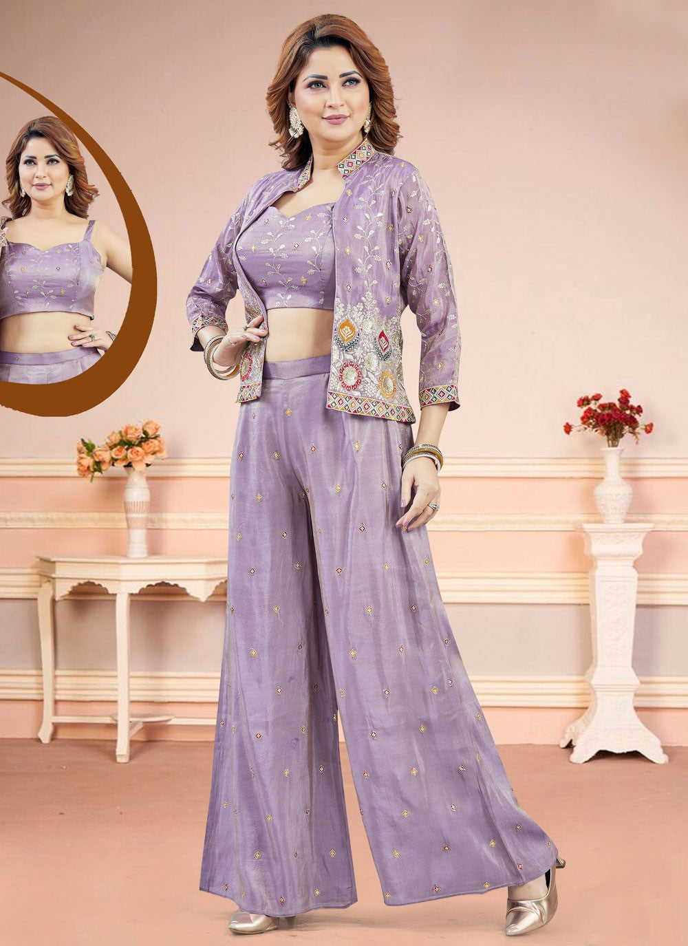 Salwar Suit Embroidered Lavender Chinon T5799