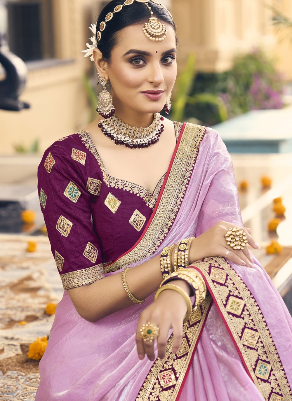 Border Work Silk Lavender Classic Saree S15360