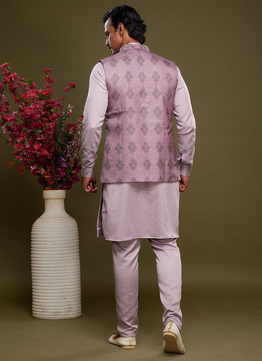Digital Print Banarasi Silk Lavender Kurta Payjama With Jacket - M6074