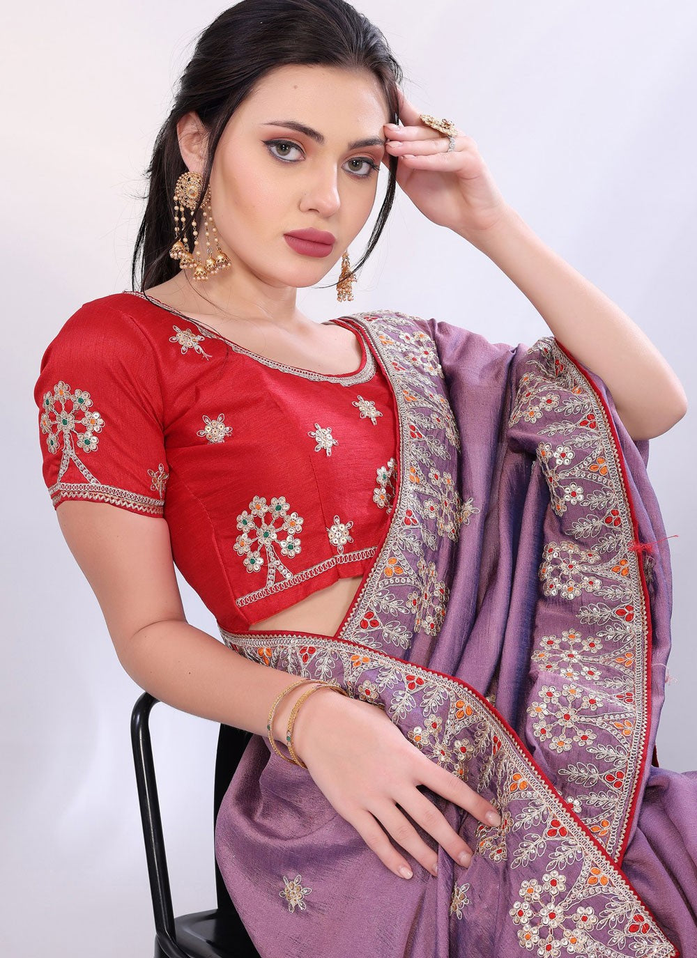 Embroidered Silk Lavender Saree S14061