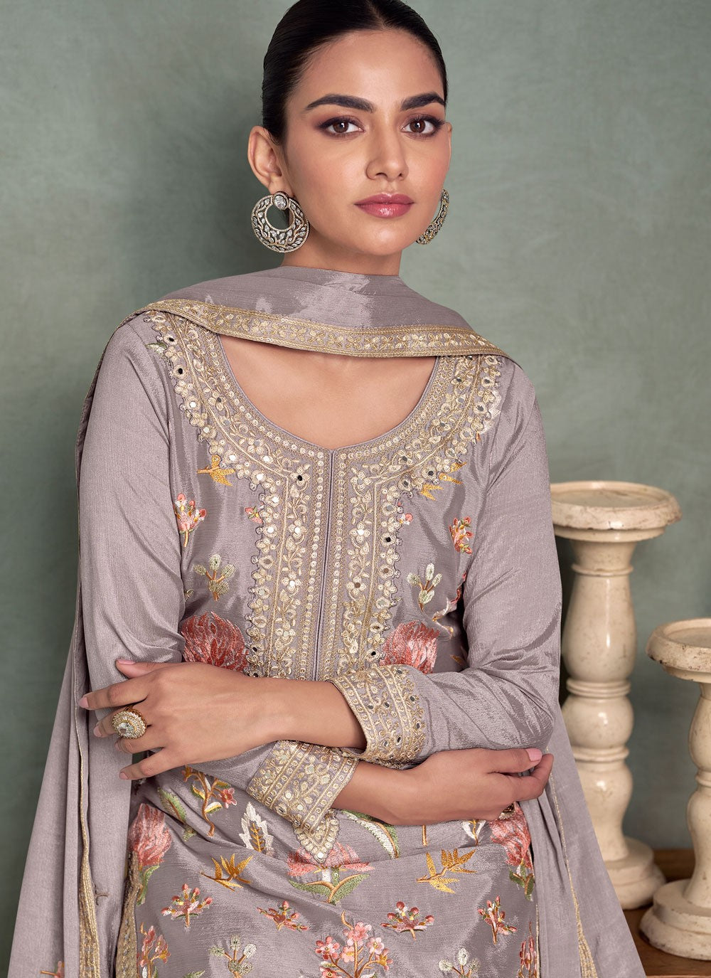 Embroidered Chinon Lavender Palazzo Suit T6245