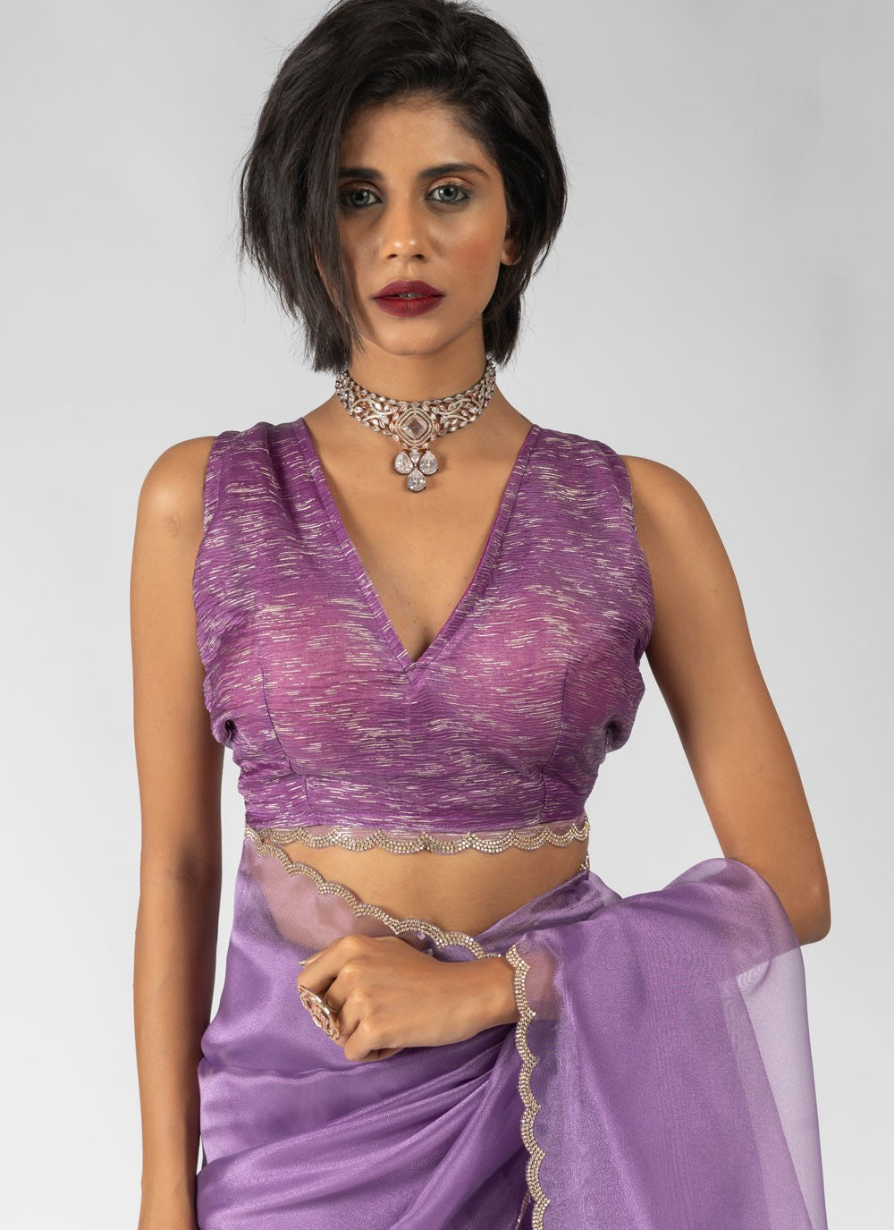 Border Work Organza Lavender Contemporary Saree S15597