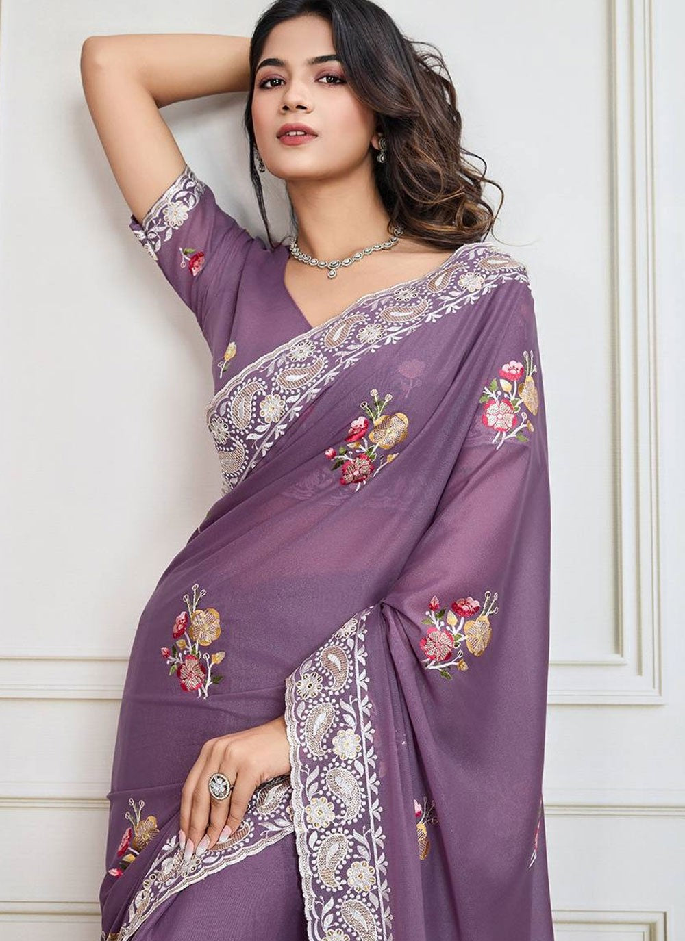 Border Work Georgette Lavender Saree S14231
