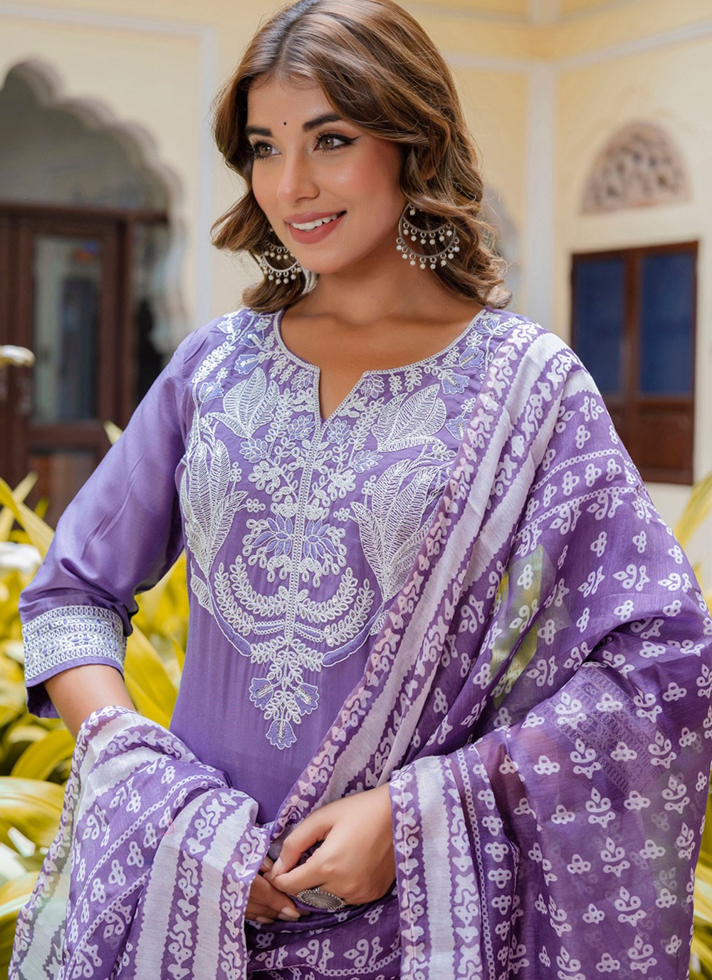 Pant Style Suit Embroidered Lavender T7573