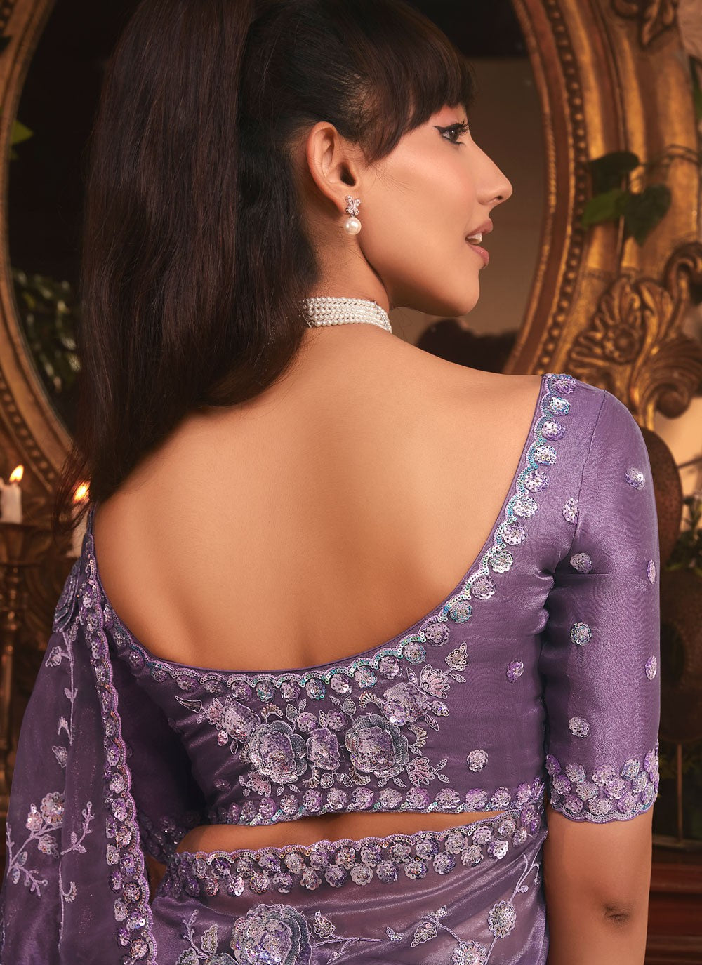 Lavender Organza Contemporary Saree Border Work, Cut Work, Embroidered, Sequins, Zari S19403