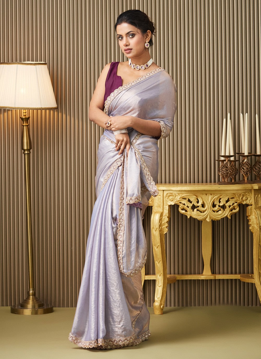 Lavender Satin Contemporary Saree Lace S16940