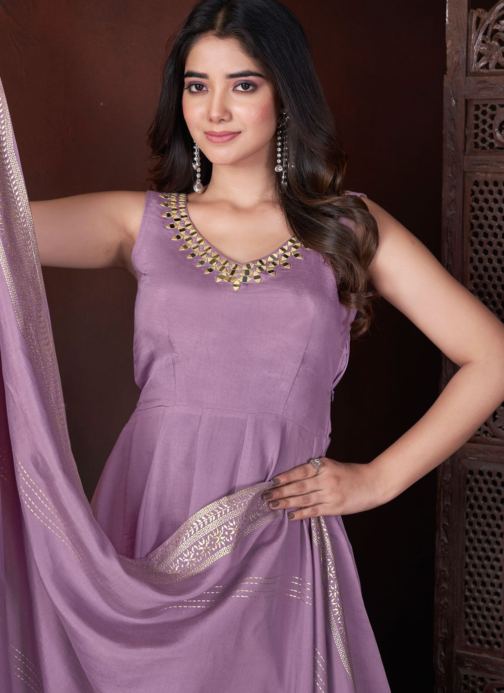 Salwar Suit Foliage Prints Lavender Silk T5479