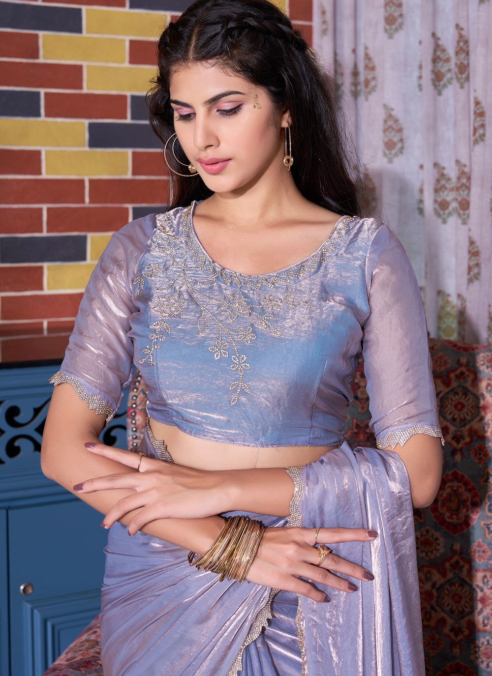 Cut Work, Swarovski Satin Silk Saree - S11611