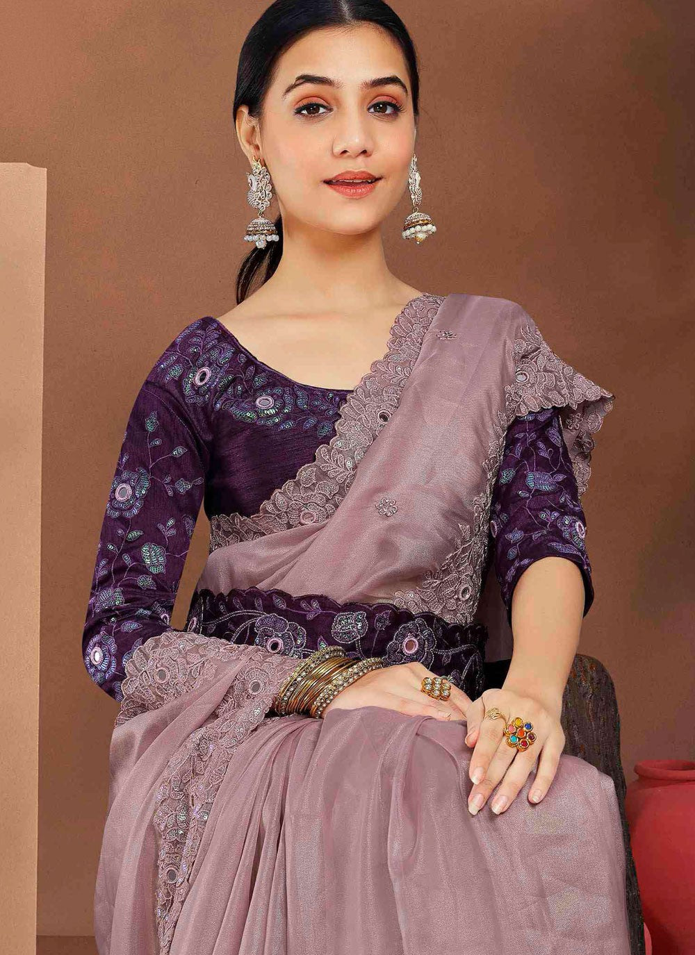 Traditional Embroidered Lavender Silk Saree S13392
