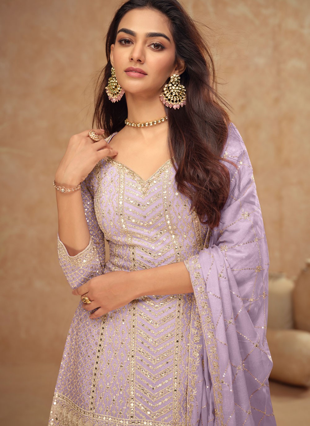 Embroidered Chinon Lavender Sharara Suit T6279
