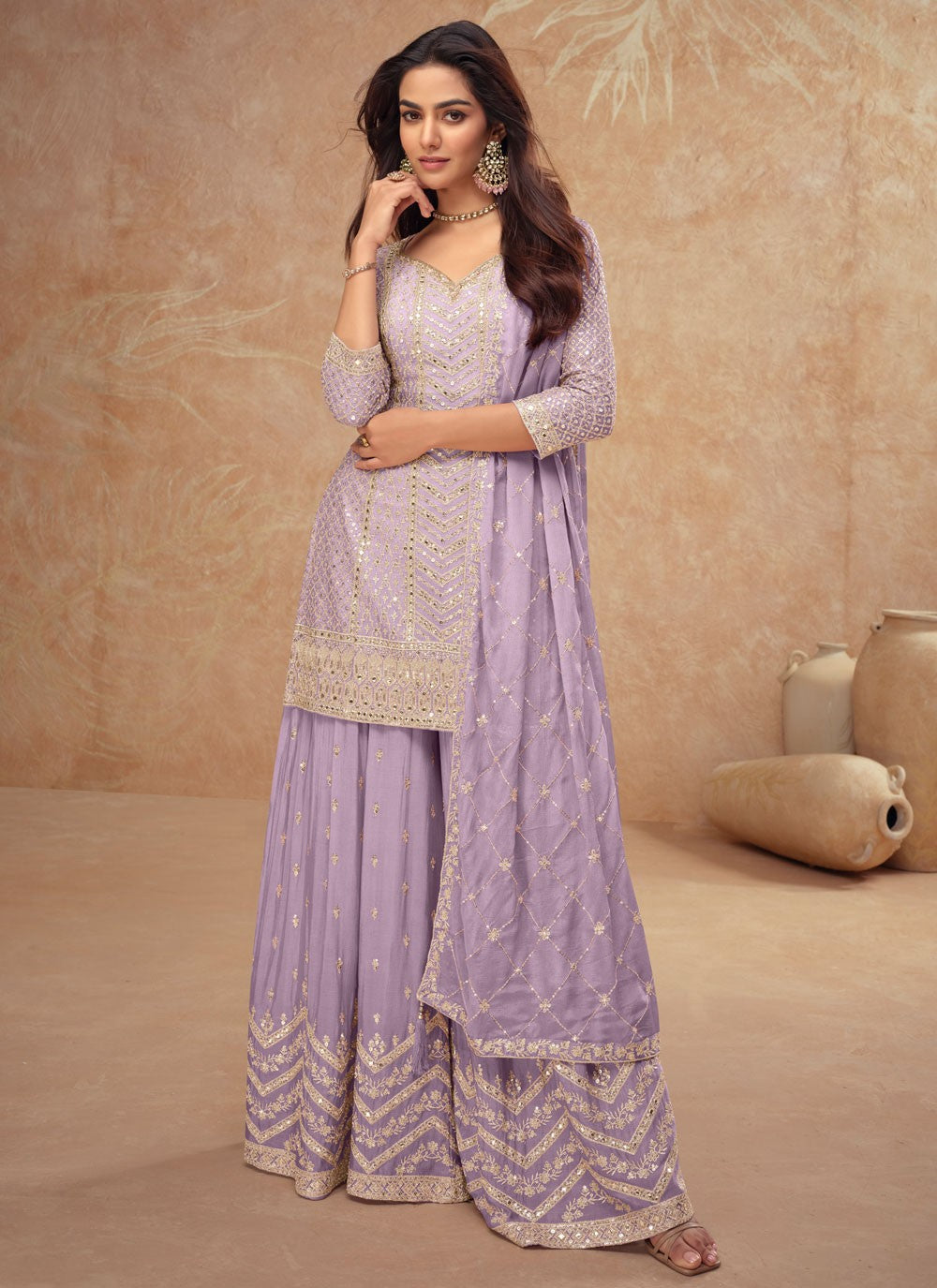 Embroidered Chinon Lavender Sharara Suit T6279 – Traditionally Styled