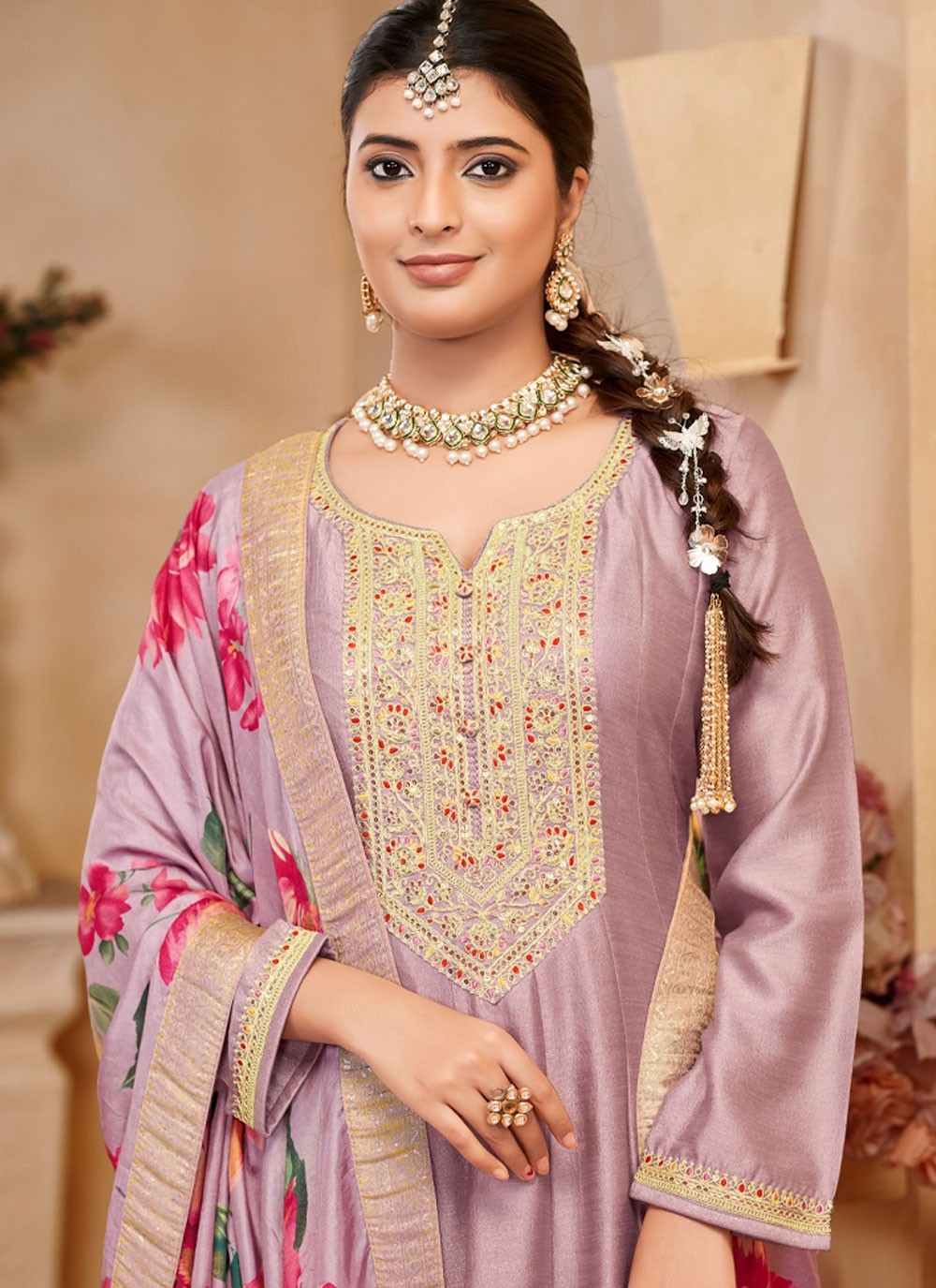 Embroidered Vichitra Silk Lavender Salwar Suit T5963