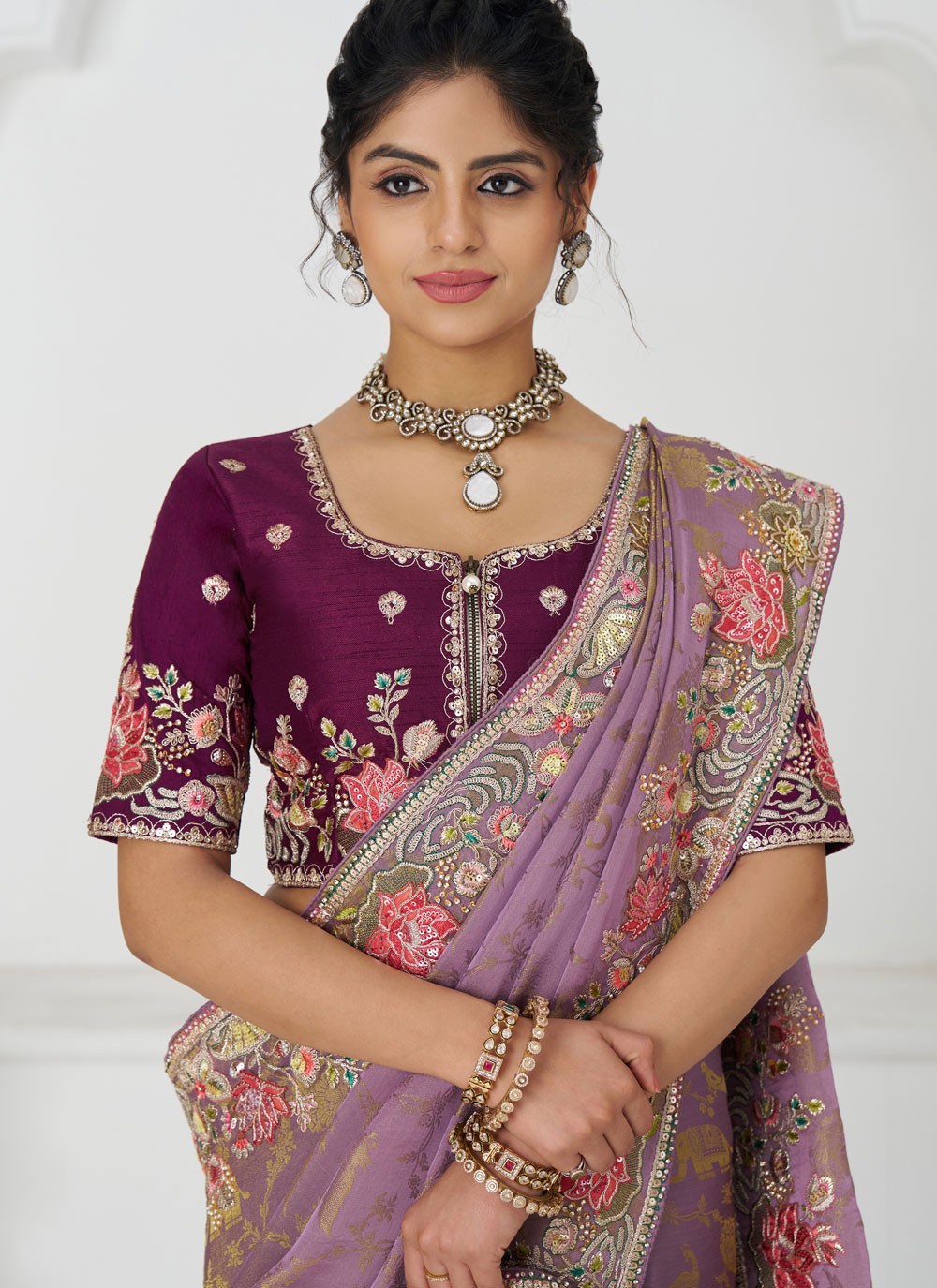 Embroidered Pure Dola Lavender Contemporary Saree S15642