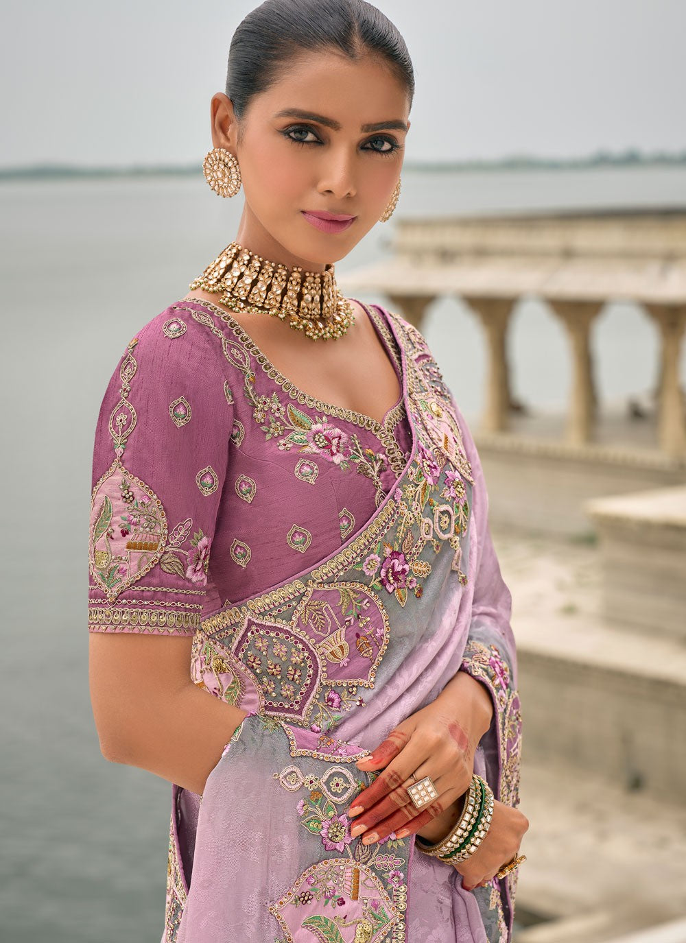 Embroidered Jacquard Lavender Saree S14806