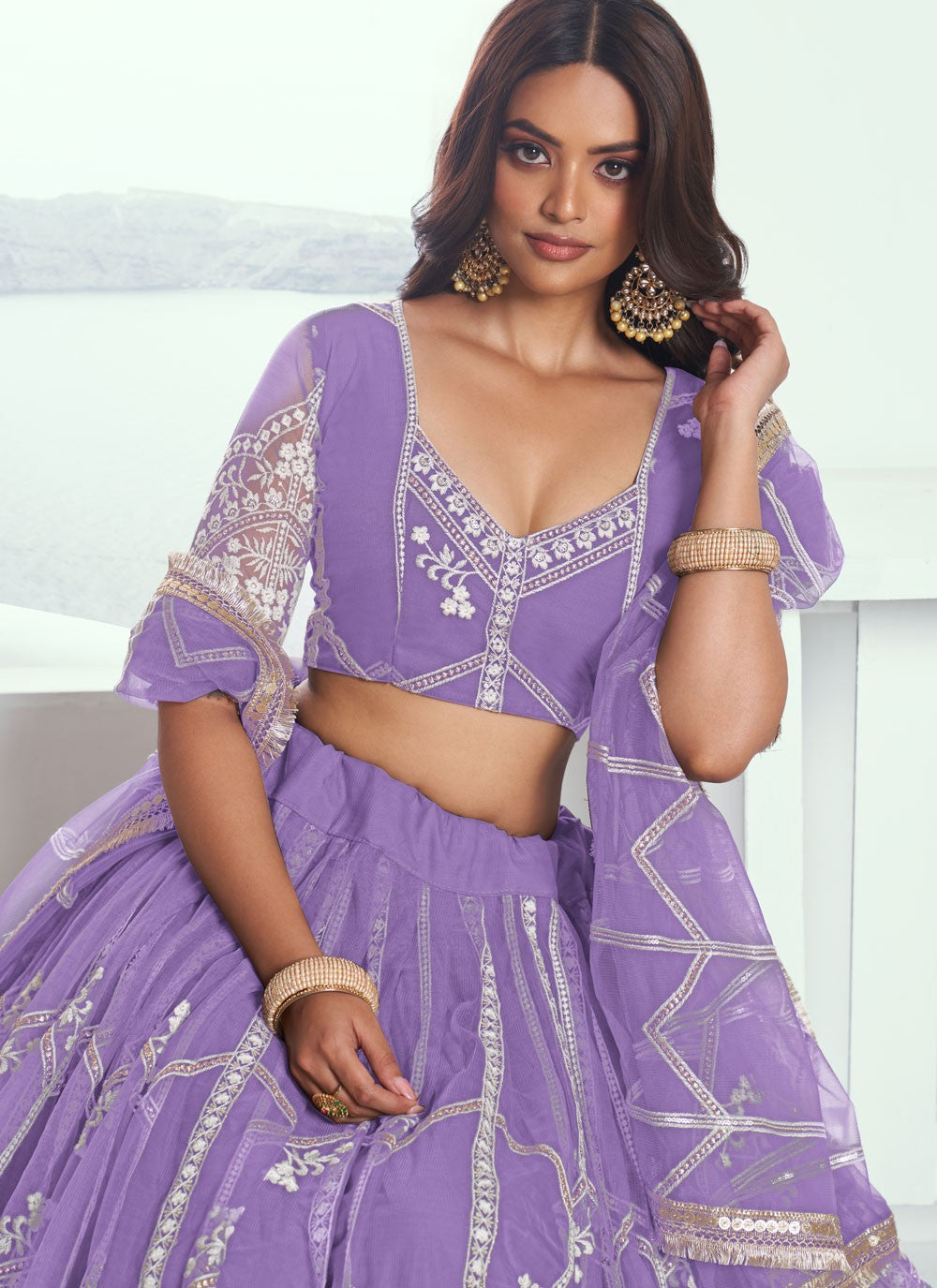 Embroidered Net Lavender A - Line Lehenga L3774