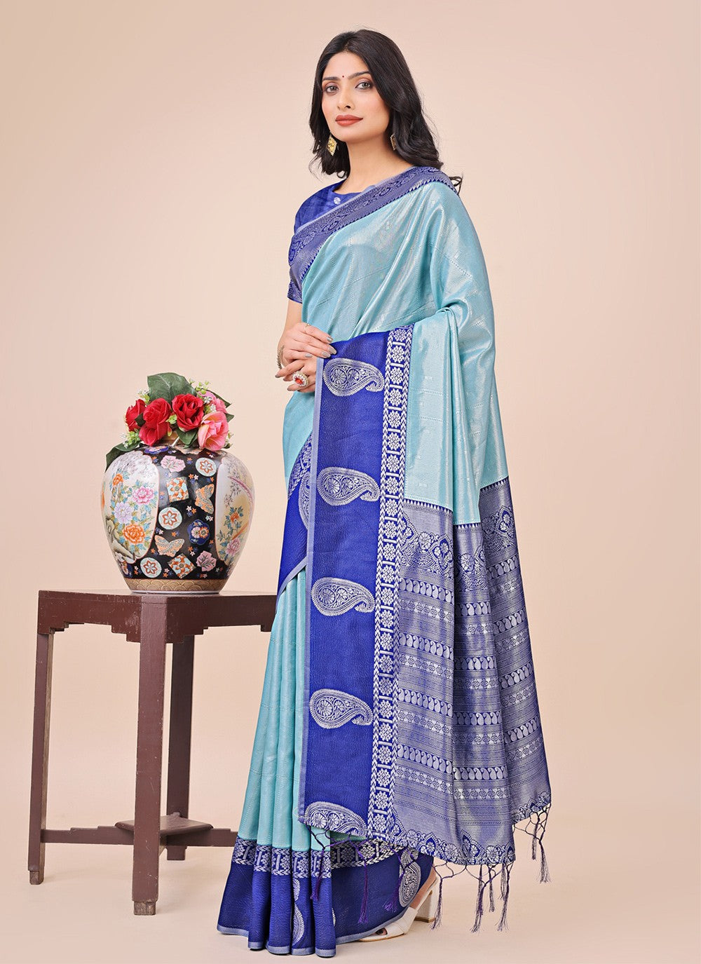 Woven Cotton Blue Classic Saree S15183