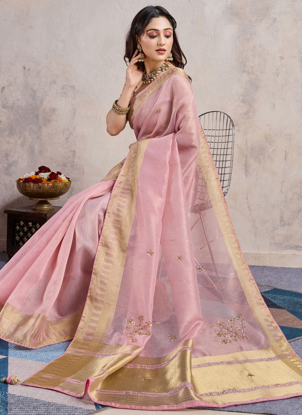 Traditional Zari Pink Linen Saree S12958