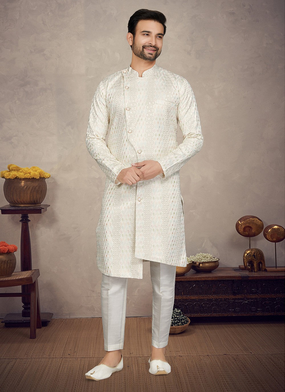 Fancy Work Lucknowi Cream Indo Western - M5967