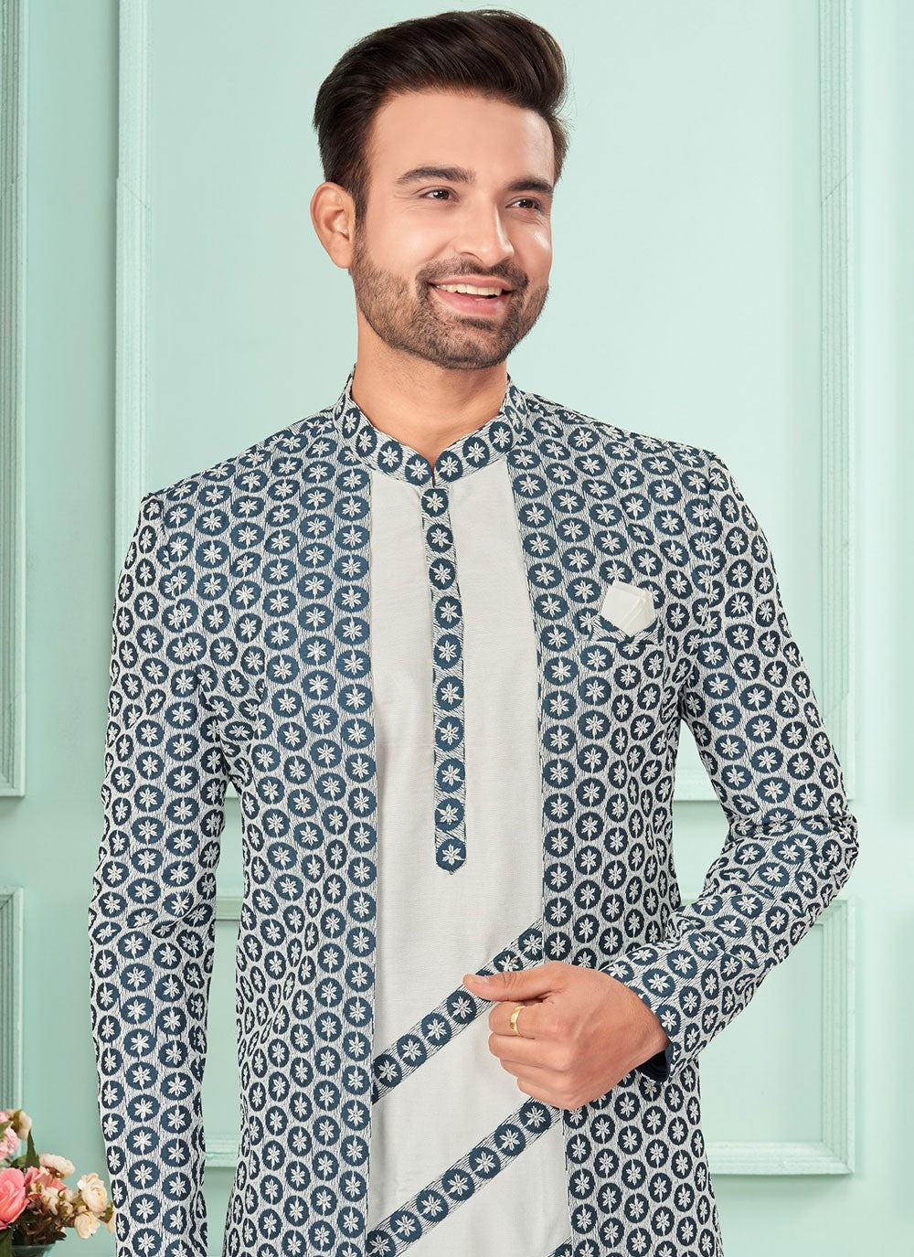 Embroidered Lucknowi Blue, Off White Indo Western - M7263