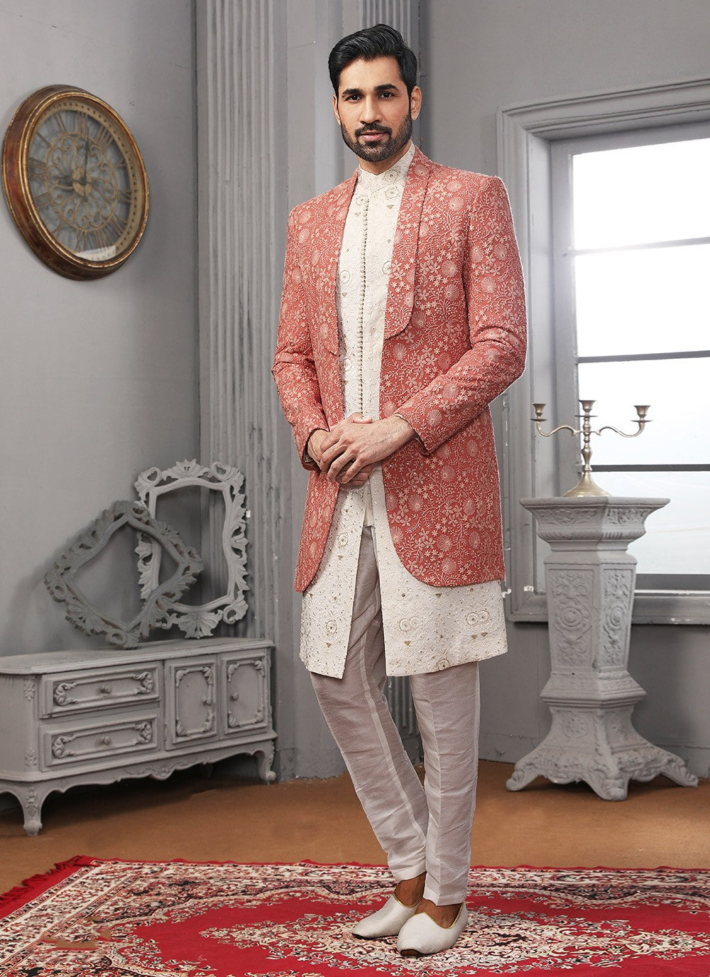 Embroidered Lucknowi Off White, Red Jacket Style - M3314