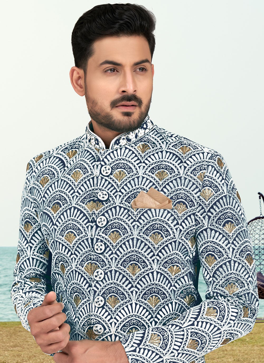 Hand Embroidery Banarasi Silk Blue, Off White Sherwani - M6800