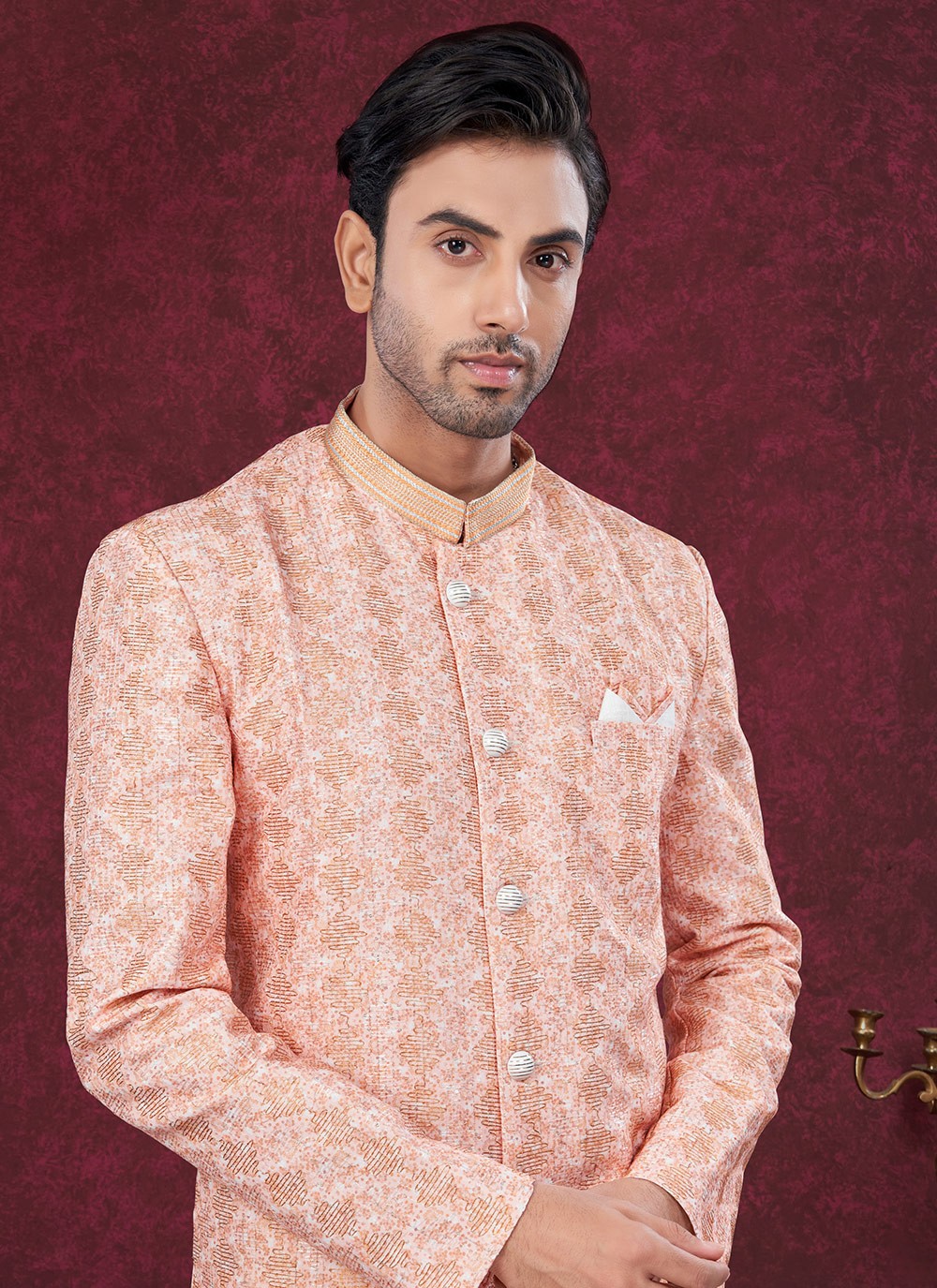 Digital Print Imported, Silk Peach Indo Western - M8652