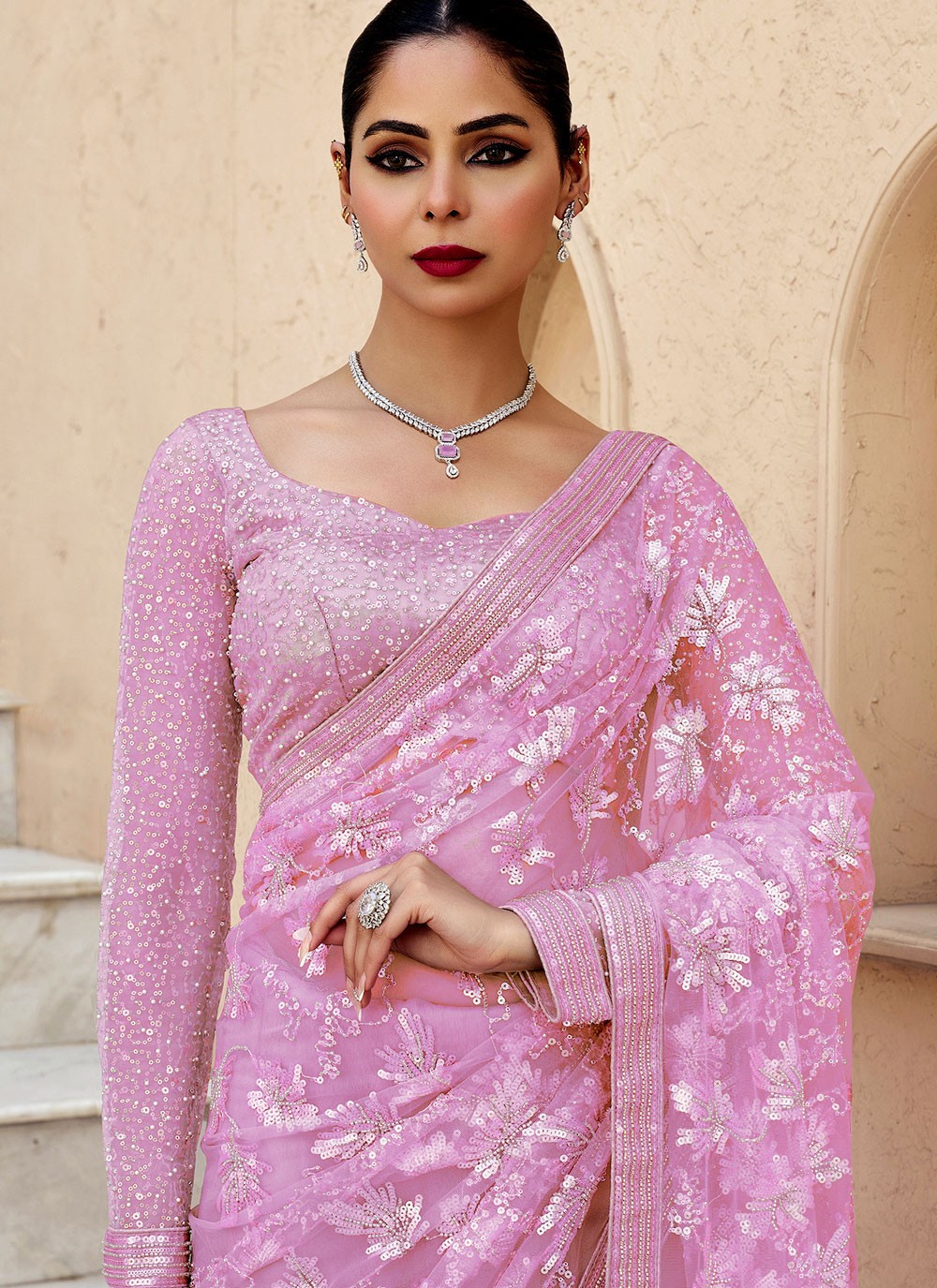 Beads Net Magenta Saree S14171