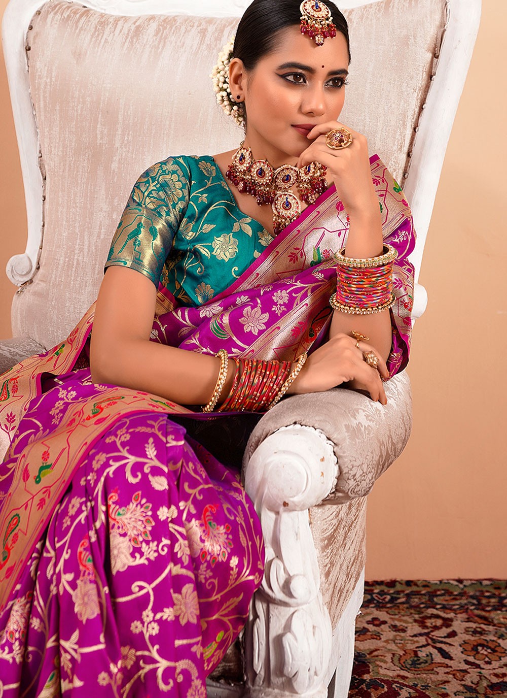 Contemporary Border Work Magenta, Purple Paithni Saree S13306