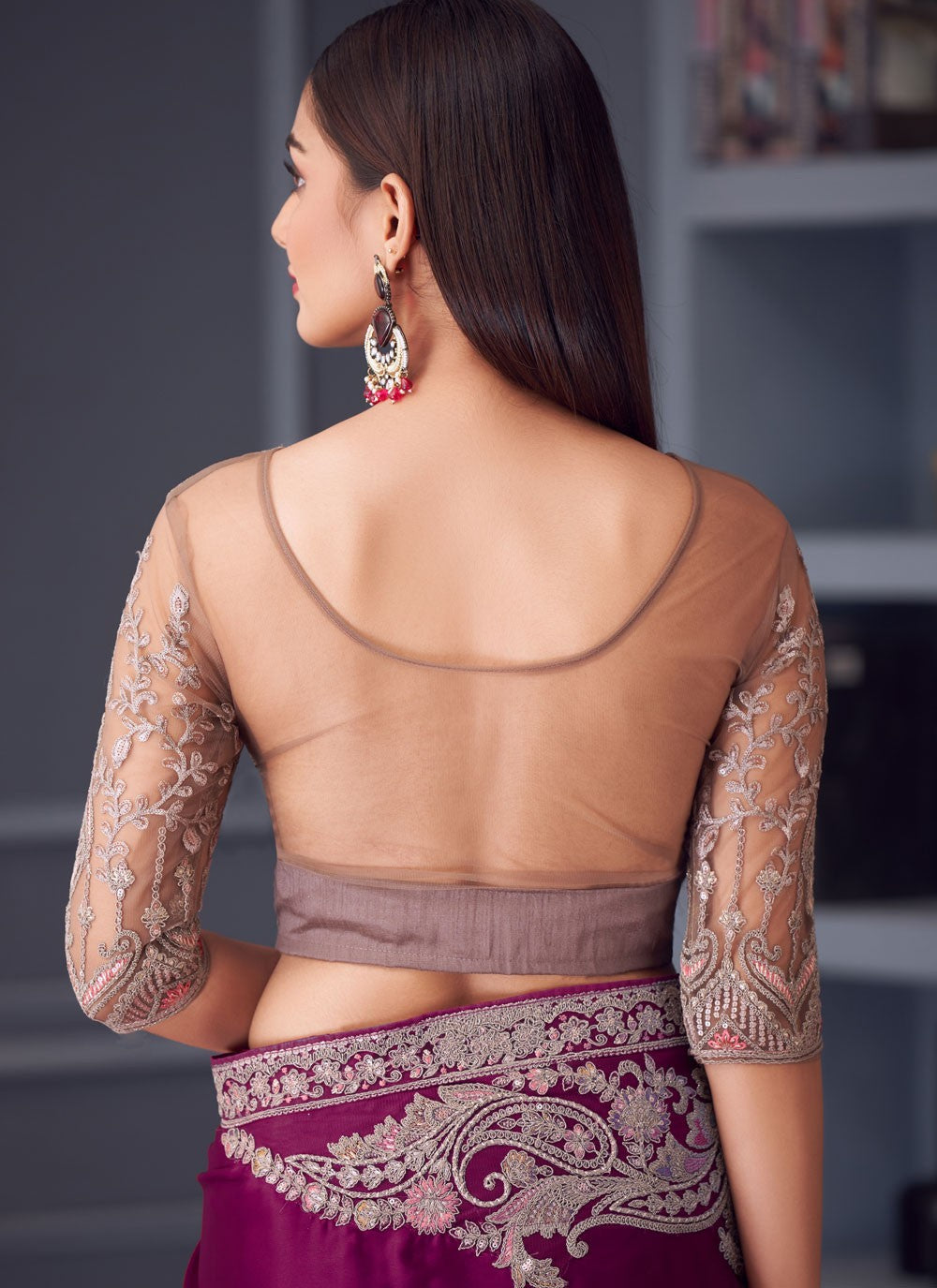 Embroidered Satin Silk Magenta Saree S14588