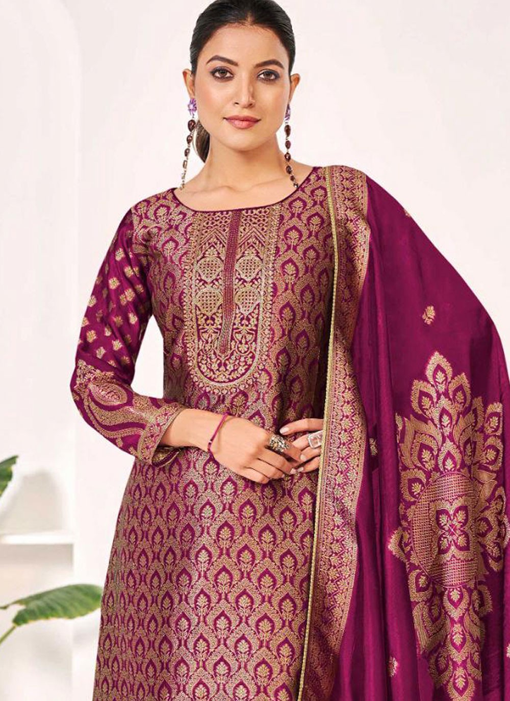Pant Style Suit Jacquard Work Hot Pink T6695