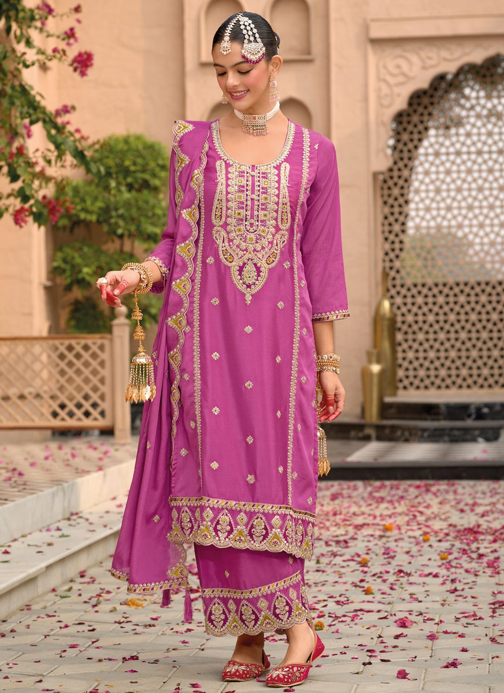 Salwar Suit Embroidered Hot Pink, Magenta Chinon T5387